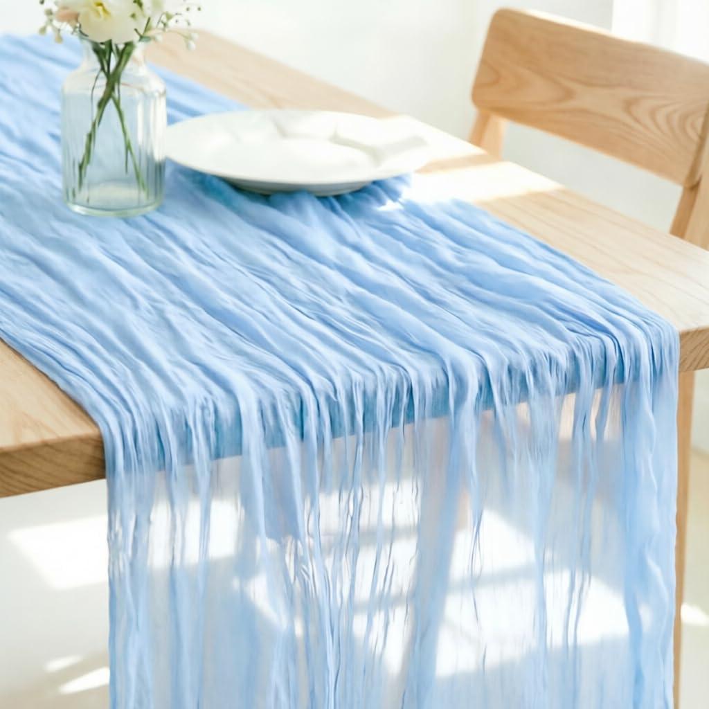 LINXTAR Light Blue Table Runner Cheesecloth Table Runner 10FT Farmhouse Table Runners 120 Inches Spring Decor Table Centerpiece for Wedding Boho Baby Shower Birthday