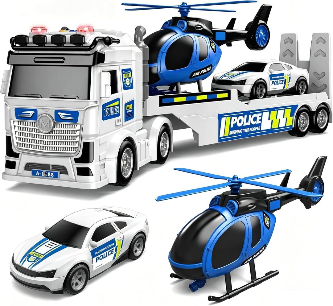 Kids Toys for Ages 3 4 5 6 7 8 Years Old Boys, 25" Large Police Semi Truck with Helicopter & Race Car, Friction Powered Vehicle with Lights & Sounds,Birthday Gift for Boys Girls