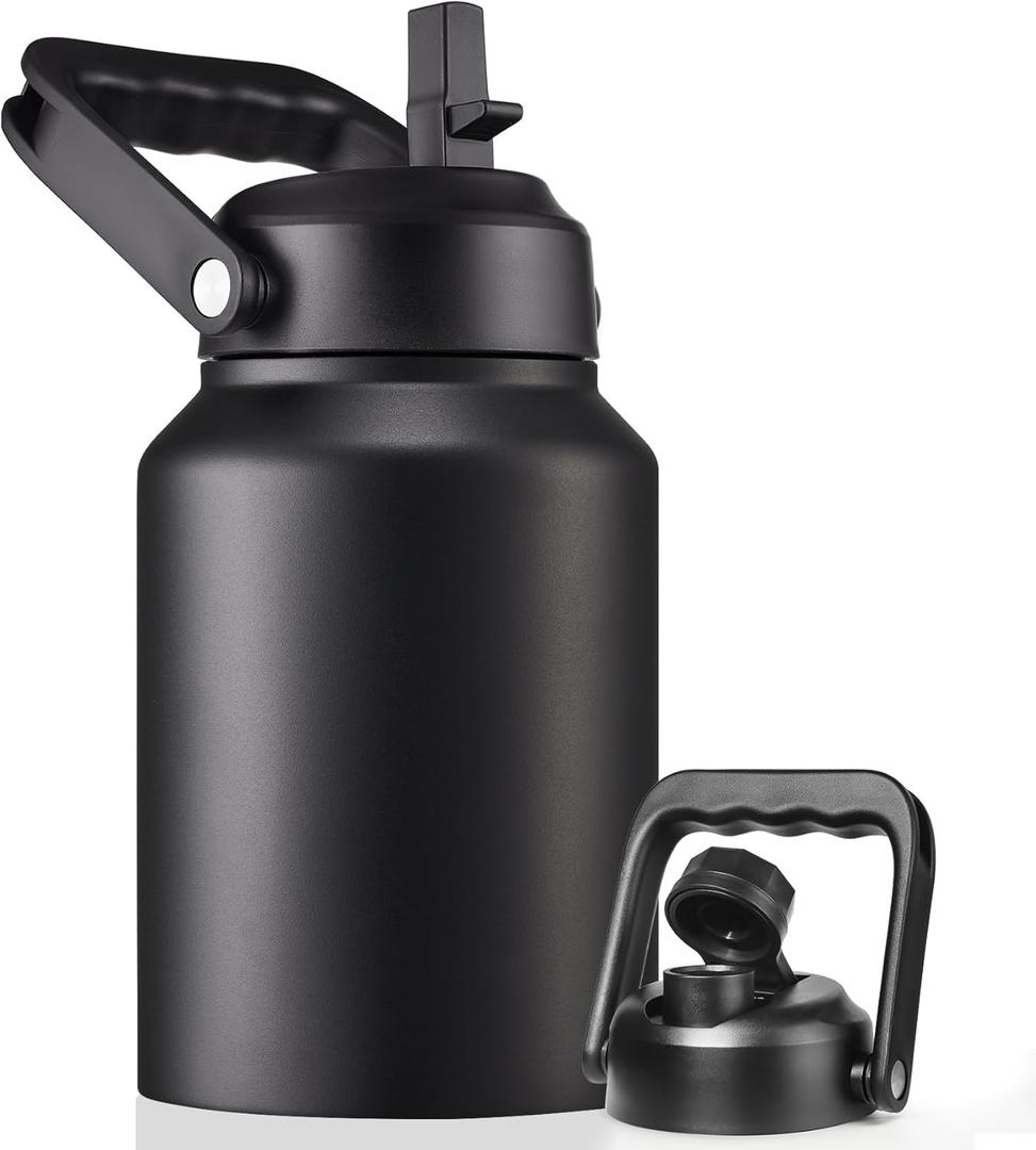 Half Gallon Insulated Water Bottle Jug with Straw, 64 oz Large Stainless Steel Sports Metal Water Flask with Handle, Thermal Water Cup Mug with 2 Lids, Black