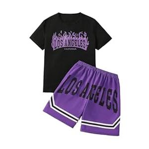 xueteox Summer Clothes for Boys 2 Pcs, Letter Print Tops and Shorts Sports Casual Outfit Set for Kids (Purple, 12Y)