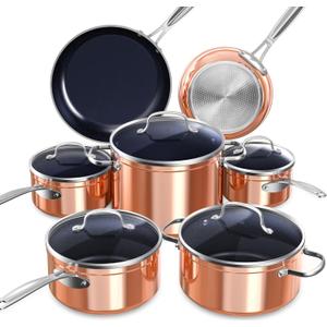 Nuwave Healthy Duralon Blue Ceramic Nonstick Cookware Set, Diamond Infused Scratch-Resistant, PFAS Free, Dishwasher & Oven Safe, Induction Ready & Evenly Heats,Tempered Glass Lids & Stay-Cool Handles (Metallic Rustic Copper)
