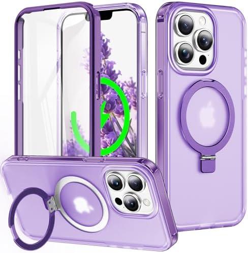 Turquiase for iPhone 14 Pro Max Full Body Shockproof Case with Magnetic Invisible Stand [Compatible with MagSafe] Built-in Screen Protector Military Drop ProtectionTranslucent Phone Cover -Purple
