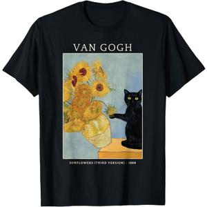 Funny Cat & Sunflowers Van Gogh Art Parody Vintage T-Shirt. 2XL Size