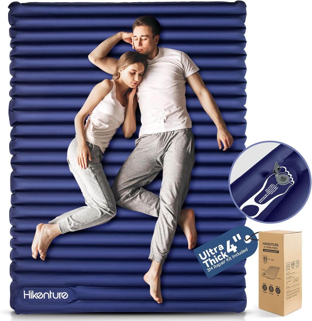 Hikenture Double Sleeping Pad for Camping, Ultralight 4" Extra-Thick Camping Mattress 2 Person, Inflatable Backpacking Sleeping Mat, Hiking Air Mattress for Tent (Foot Pump) (Semi Double(79*47.5 in))