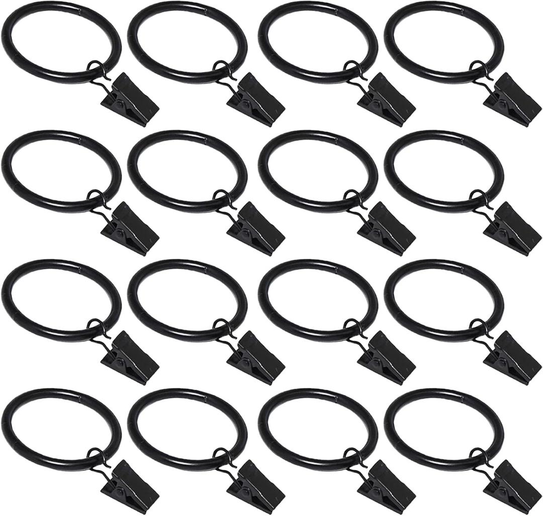 16 Pack Curtain Rings with Clips, Window Clip Rings Black Curtain Hooks Hangers Clip Rings for Hanging Drapery Drapes Bows, Small 1.26 Inch in Diameter, Fits up to 1" Rod