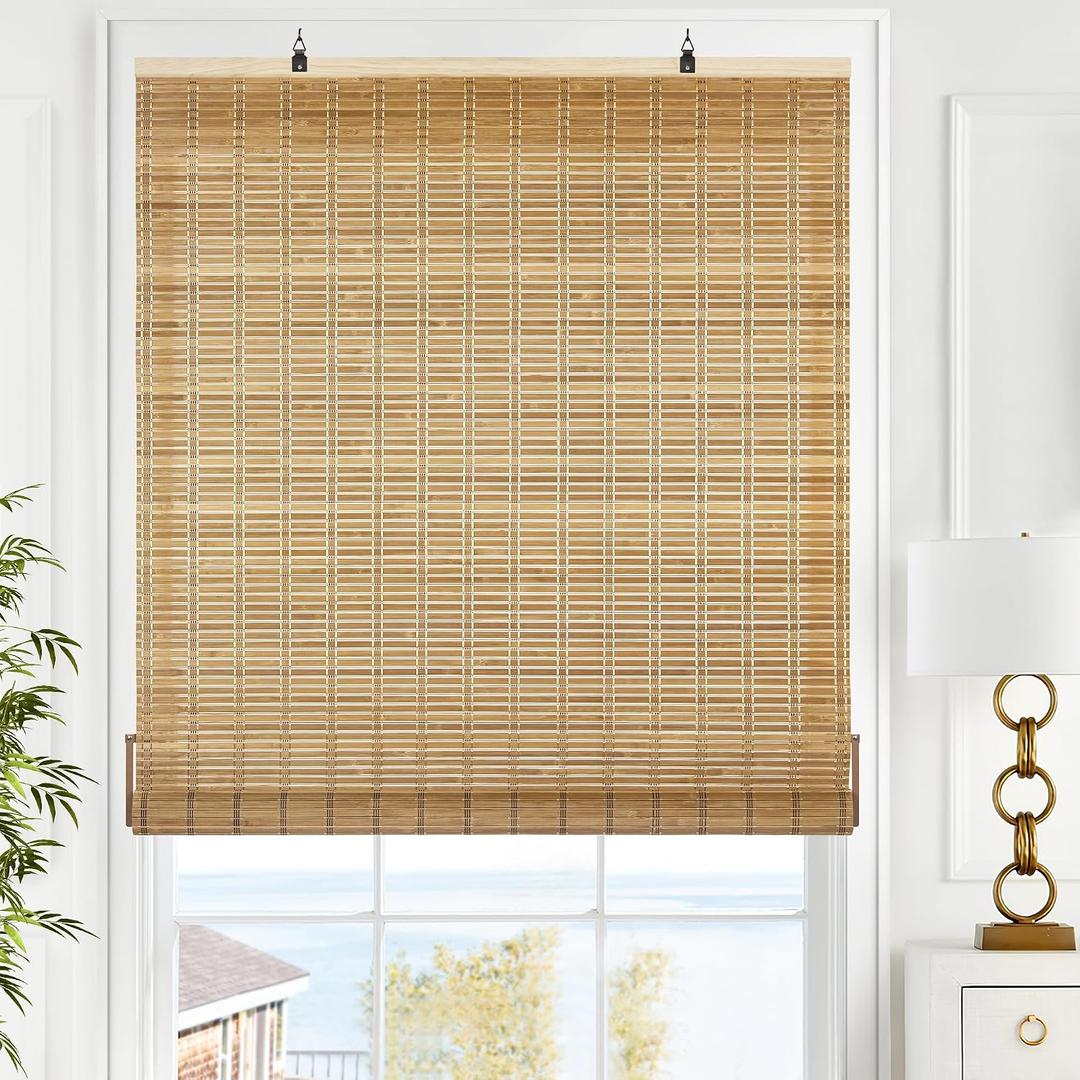 LazBlinds Cordless Bamboo Blinds, Roll Up Shades for Windows, Light Filtering Hanging Window Blinds, Bamboo Shades for Patio Indoor/Outdoor Porch, 34'' W x 64'' H, Brown206