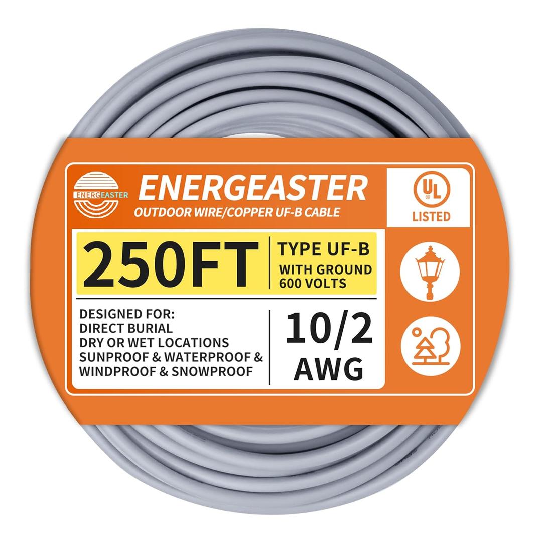 10/2 UF-B Wire 250FT Pure Copper Direct Burial Cable, Sunlight & Moisture Resistant, Ideal for Outdoor Lighting & Pump Installations & Residential Indoor Electrical Projects