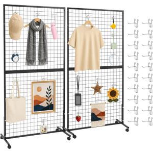 2-Pack 3' x 6' Gridwall Panel Display Stand with Wheels, Heavy Duty Freestanding Wire Grid Wall Display Rack, T-Base Floor Stand with 20 Hooks for Retail Stores, Craft Shows & Vendor Events（Black）