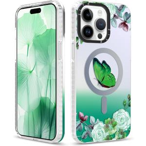 ZIYE Designed for iPhone 15 Pro Max Case for Women Girls [Compatible with MagSafe] Butterfly Flowers Magnetic Phone Case, Lens Camera Protection for 15 ProMax Phone Cover Frosted Green