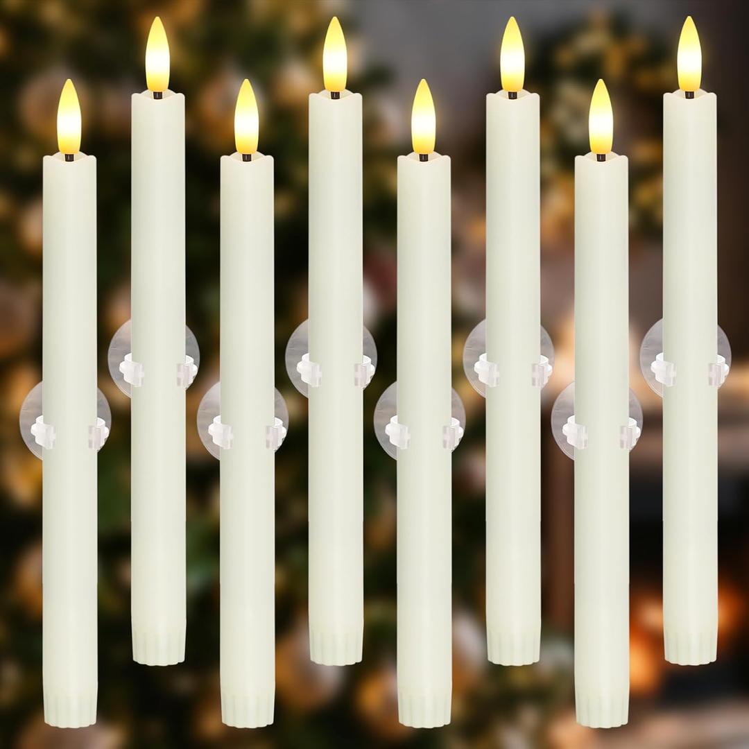 8pcs 0.78" x10" Plastic LED Ivory Flameless Window Candles with Sensors from Dusk to Dawn, Battery Operated Flickering Taper Warm Glow for Festival Decoration with Suction Cups