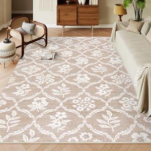 Wonnitar Washable 8x10 Area Rugs for Living Room, Non-Slip Soft Floral Dining Room Rug, Ultra-Thin Rugs for Bedroom, Farmhouse Rug Floor Carpet (Khaki,8'x10')