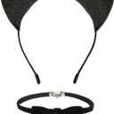 JIALWEN Cat Ears Headband with Bell Collar Set Black Cat Halloween Costume Accessories for Women Girls Party Cosplay Dress Up for Adult