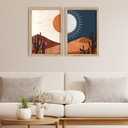 FZMHASLWW Boho Moon Sun Desert Cactus Wall Art Decor 24"X16" Set of 2 Day and Night Mid Century Modern Prints Artwork Sign for Living Room Bedroom Office Wall Hanging (Wood)