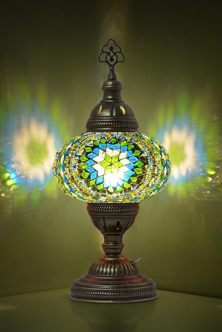 Mozaist Battery Operated Turkish Table Lamp with Built-in LED Light, Moroccan Decorative Glass Vintage Shade, Portable Desk or Bedside Stained Glass Lamp (Light Green-14)