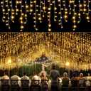 Icicle lights Outdoor - 33ft Christmas Lights with 400LED 75 Drops 8 Modes, Plug in Curtain String Lights Waterproof for Holiday Wedding Party Home Garden Bedroom Indoor Decoration, Warm White