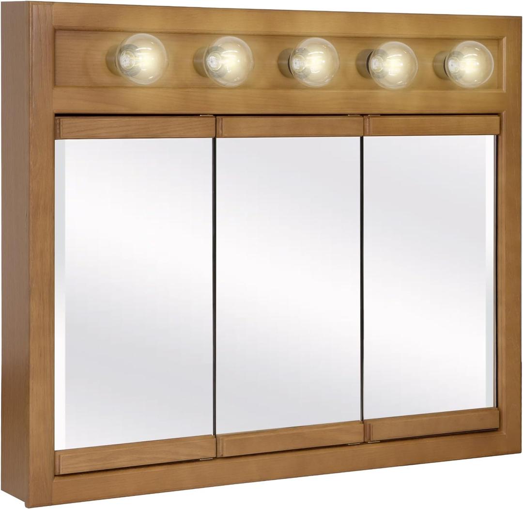 Design House Richland Medicine Cabinet with 5 Lights, Fully Assembled, Wall Mounted, 3 Mirrored Doors, Wood Frame, Oak Finish, 36 in x 5 in x 30 in, 530618-NOK