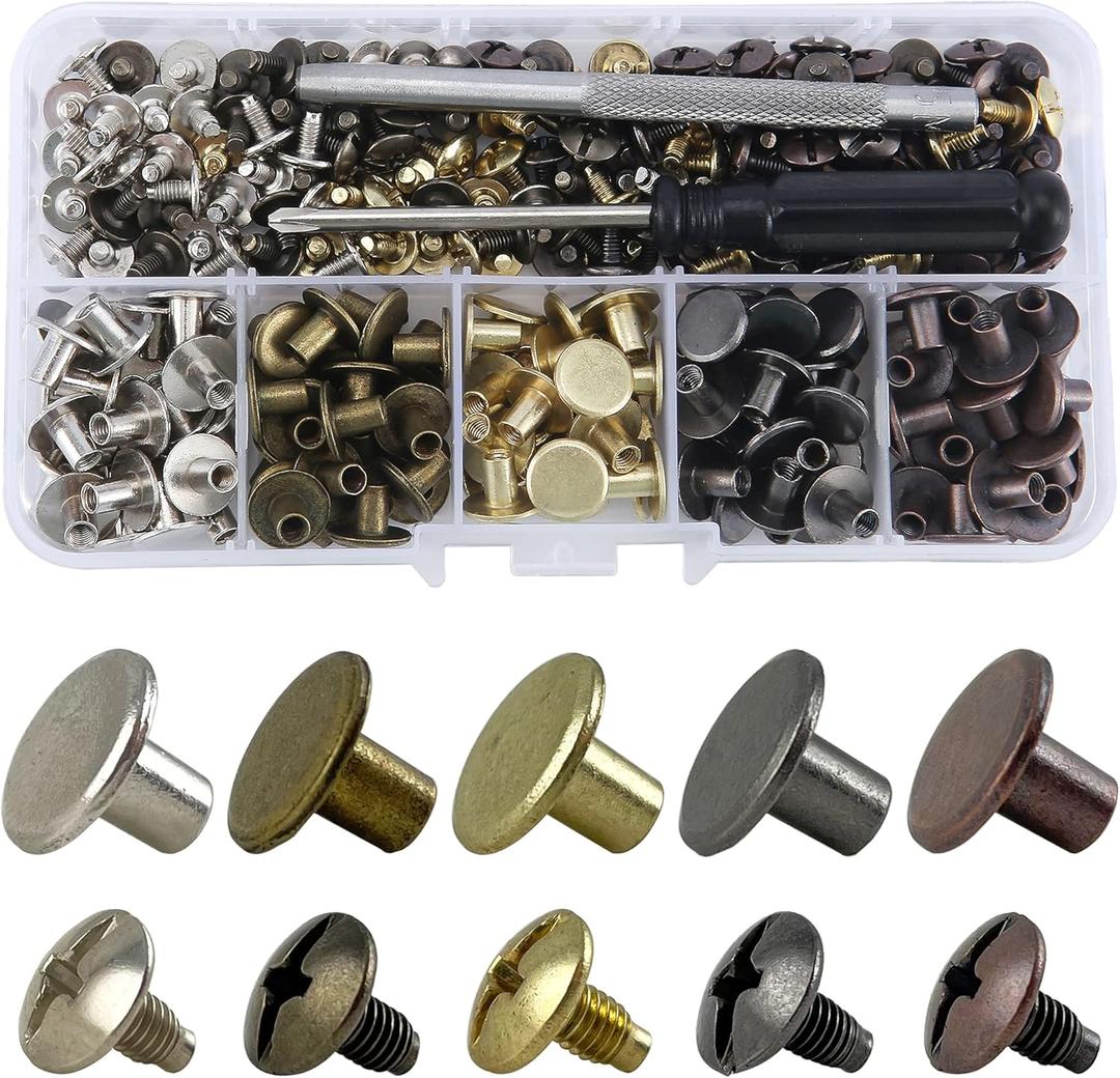 125 Sets Mixed Colors Round Flat Head Chicago Screws for Leather Crafting - Rivet Kit for Clothing, Shoes, Belts, Bags - 25/64 Inch Button Studs (All Colors Mixed in Box)