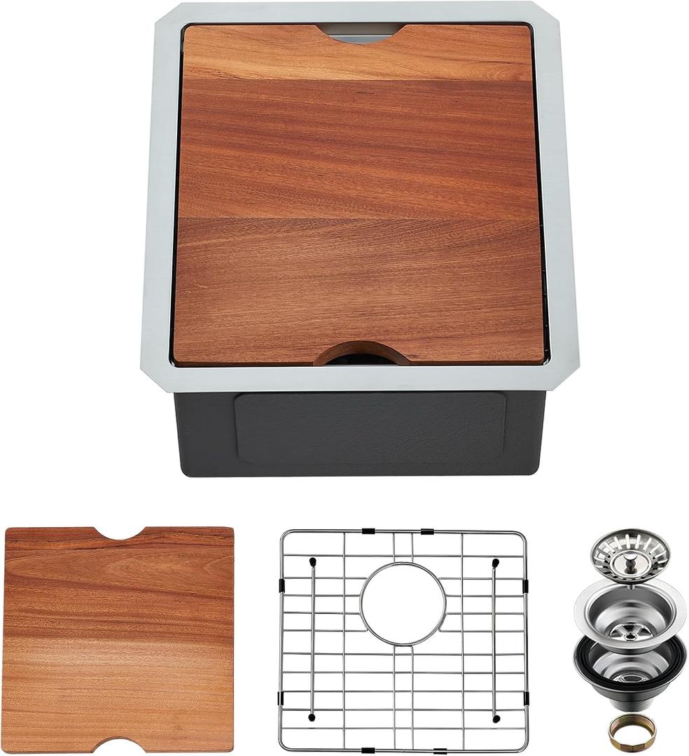 Undermount Kitchen Sink, 15 x 17 x 10 Inch Bar Sink 16 Gauge Stainless Steel Small Sink Kitchen Single Bowl Workstation with Cutting Board