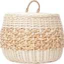 Vintage multi-purpose storage basket with lid, plant material hand-woven storage basket, suitable for bedroom, living room, bathroom, white