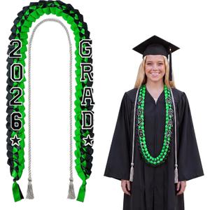Cindeer 2026 Graduation Ribbon Lei Set Handmade Braided Necklace Honor Cord with Tassel 2026 Grad Embroidery Patches for High School College Graduation Party Supplies(Black, Green)