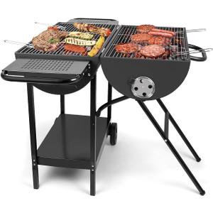 Double Charcoal Barrel Grill with Two Side Shelf, Large Stainless Steel Grill For Backyard Camping Picnic and Party