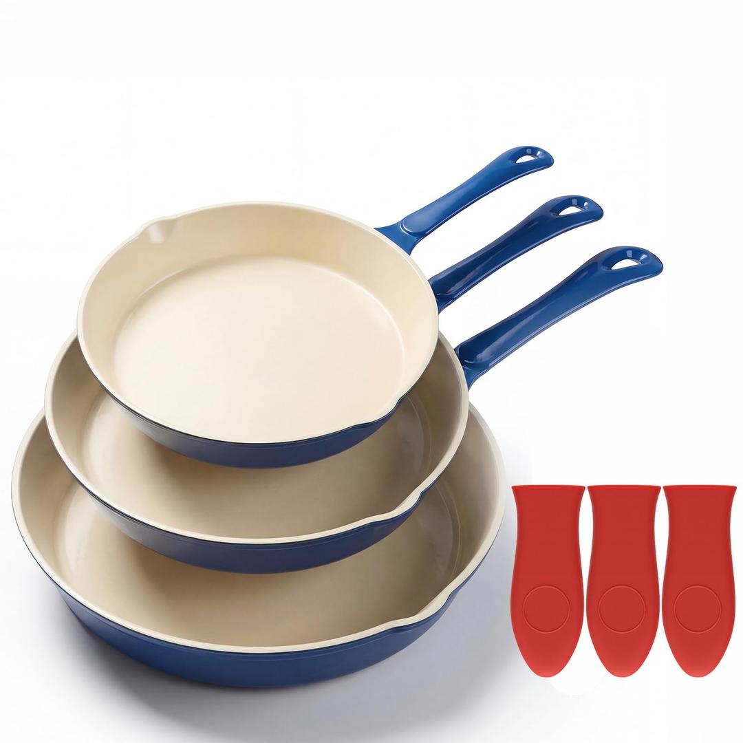 Hwxjvzoc 3-Piece Nonstick Cast Iron Skillet Set, Ceramic-Reinforced Interior, Rustproof & Stick-Free, Premium Enameled Cast Iron Alternative, Blue & Red, Durable, Easy Clean, All Cooktops