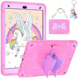 Hogenl for iPad 9th/ 8th/ 7th Generation Case for Kids with Shoulder Strap & Keychain, for iPad 10.2 Case with Unicorn Stand Pencil Holder Shockproof Full Body Protective Cover, Pink