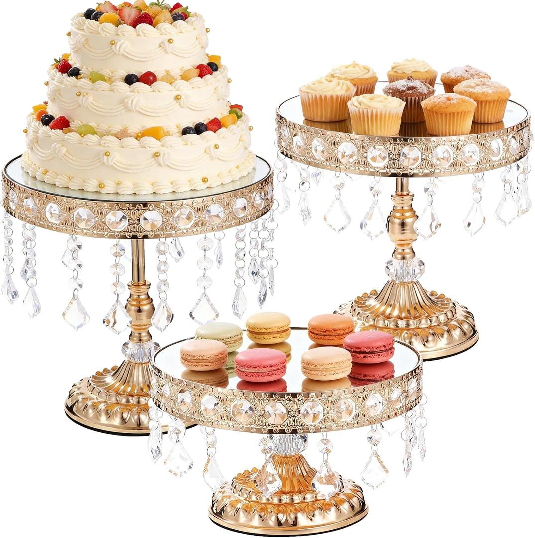 3 PCS Golden Cake Stands with Pendants, Round Mirror Cake Stand with Hanging Crystal Beads, Dessert Display Riser, European Style Lace Cupcake Stands for Wedding Birthday Banquet Dessert Buffets