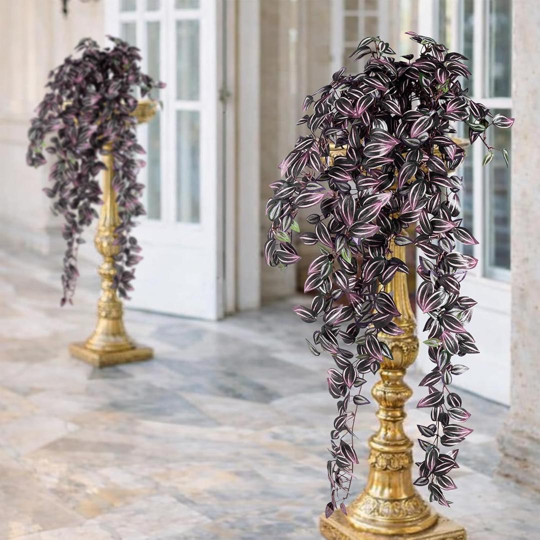 2 Pack Artificial Hanging Tradescantia Plants with Ceramic Pot Large Purple Cascading Faux Greenery Full Trailing Fake Vines Indoor Wall Shelf Decor for Bathroom Patio Outddor Decor (Purple-01)