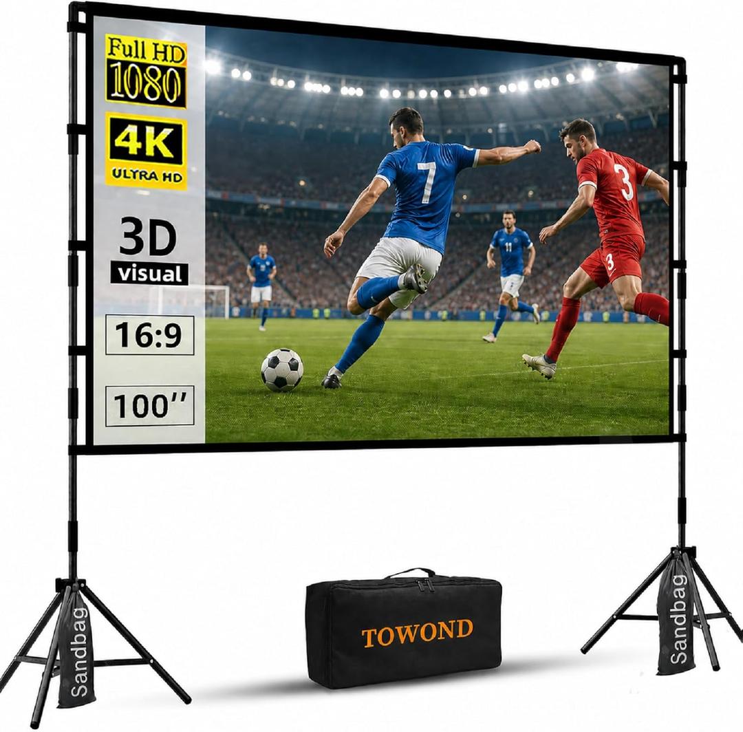 TOWOND Projector Screen with Stand, 100 inch Outdoor Projector Screen Portable Indoor Projection Screen 16:9 4K Rear Front Movie Screen with Carry Bag for Home Backyard Theater 100 inch