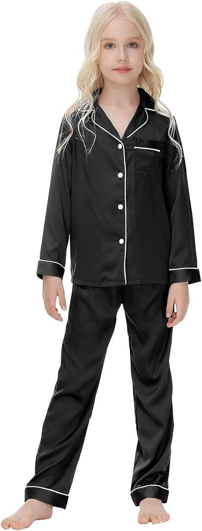 Girls' Satin Pajamas Set Two Piece Silk Nightwear Button-Down Sleepwear for Mom and me (Black,size 8)