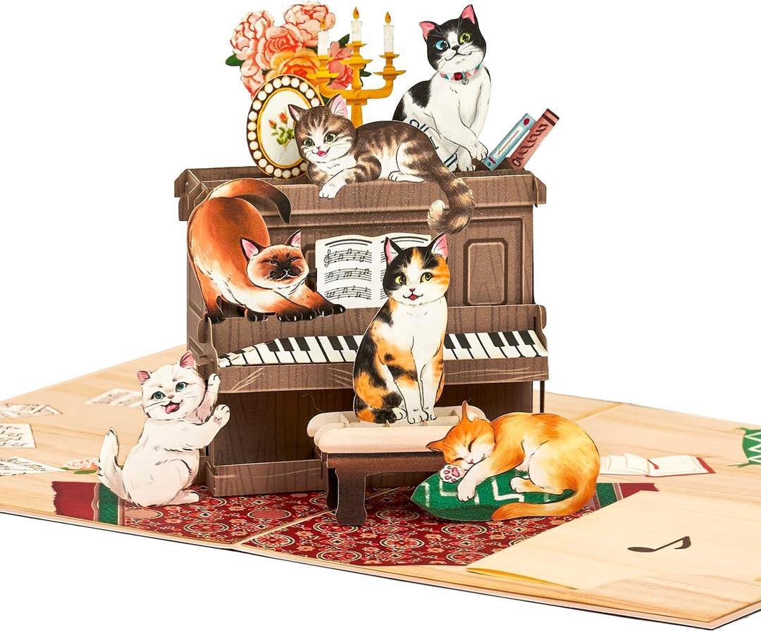 POPWOW Lovely Cats on Piano Pop Up Card, Funny, Cute, Cat Themed, 3D Greeting Card, Ideal Gifts for Cat Lover, Birthday, Valentines, Mother's Day, Kids, 5x7 - Includes Envelope And Message Note