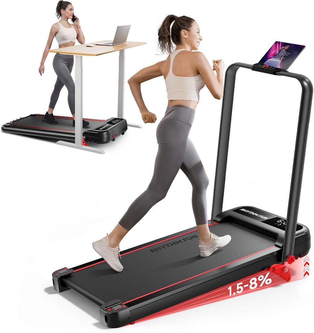 RHYTHM FUN Treadmill with Incline, Walking Pad with Handle Bar,300lbs Walking Pad with APP, Portable Folding Walking Treadmills for Home/Office with Low Noise