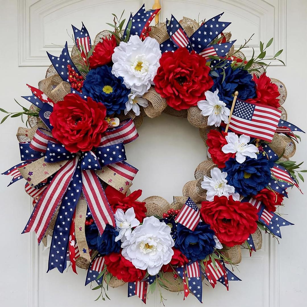 Daifunli Red White and Blue Wreaths for Front Door 16 Inch Patriotic Wreath Memorial Day 250th Anniversary 4th of July American Flag Decorations for Independence Day Home Wall Window Porch Decor