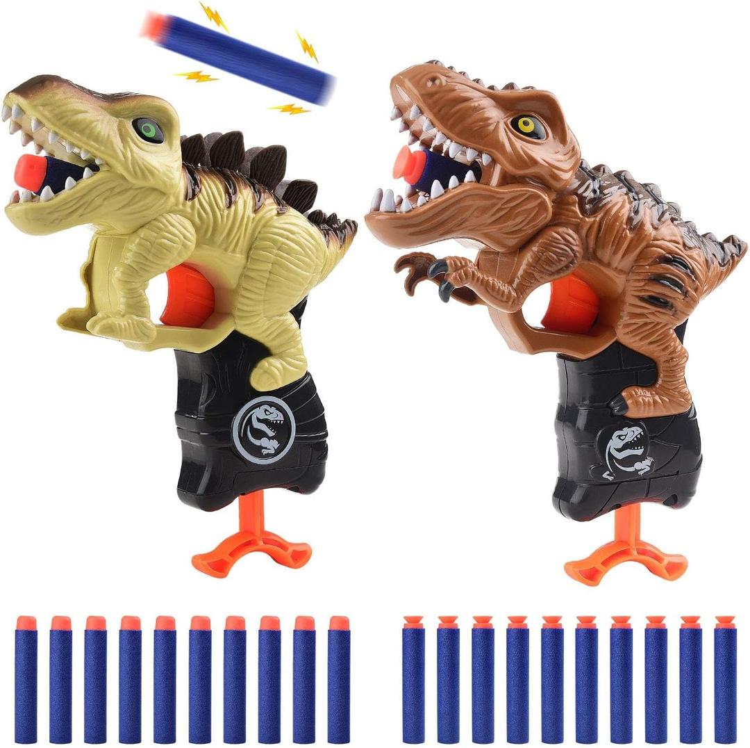 2 Pack Dinosaur Gun Toys for Toddlers Boys 3 4 5 6 7 Year Old Birthday Gifts Valentines Easter Christmas Stocking Stuffers, Small Dino Blaster Shooting Game with Soft Foam Darts Compatible with Nerf