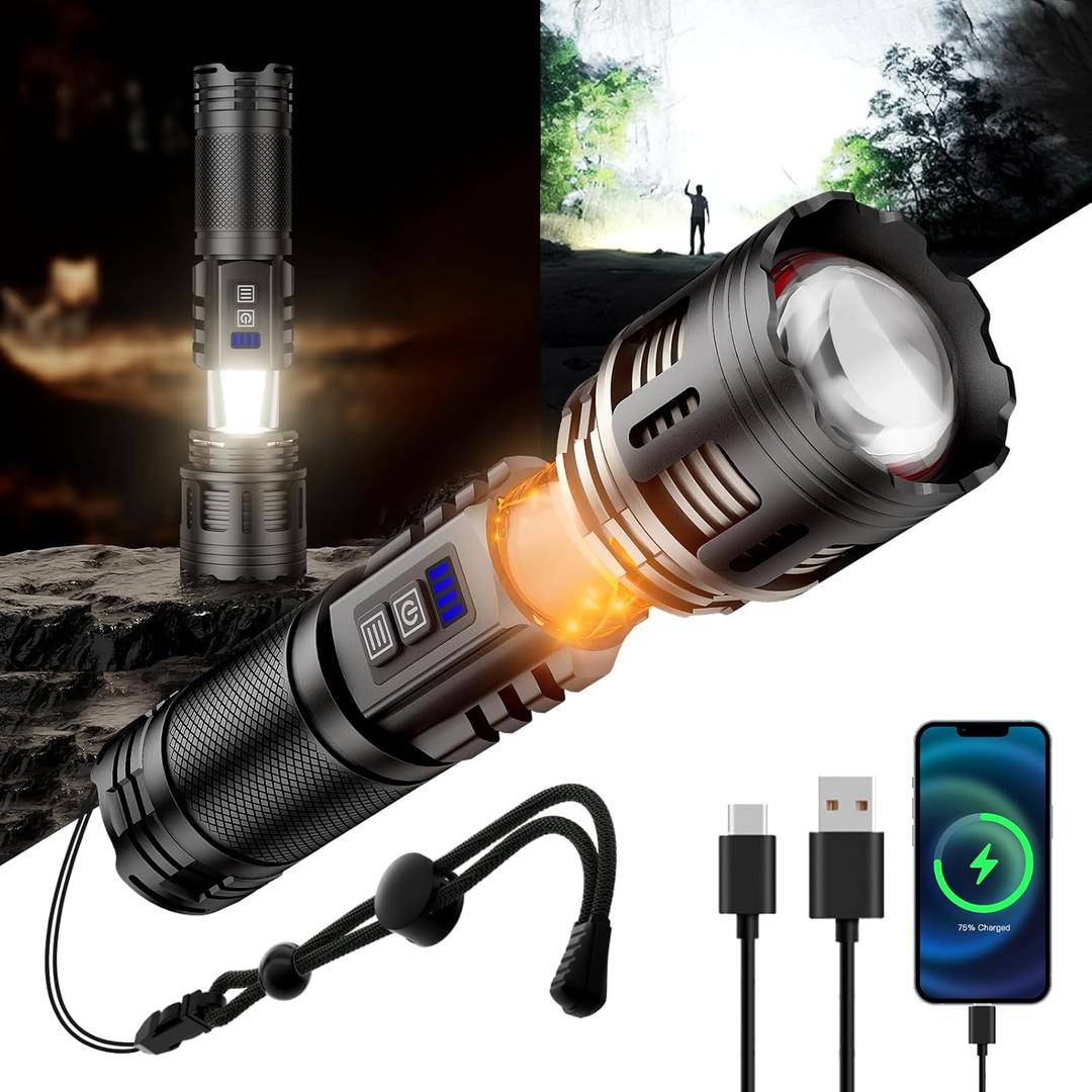 SKYFIRE LED Rechargeable Flashlights High Lumens with Ambient Lamp,8000 Super Bright Tactical Flashlights with 2 Colors,Focusable,Waterproof Flash Light for Camping Essentials,Outdoor&Home-Black