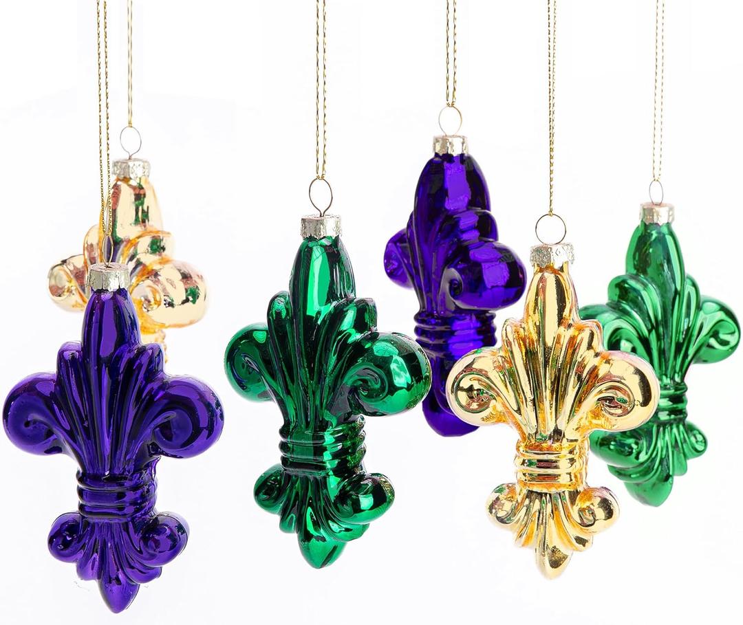 6 Pcs Mardi Gras Glass Hanging Ornaments - 4" Fleur De Lis Purple Green Gold Decorations for Holiday Masquerade Party