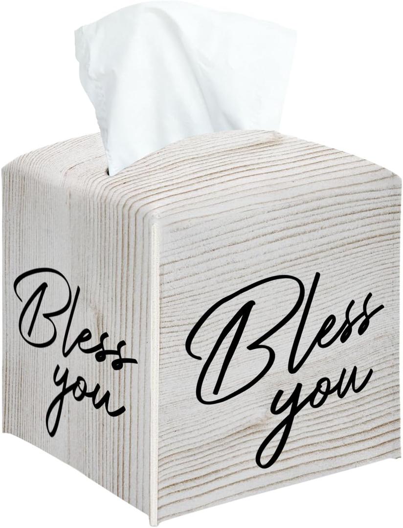 Bless You Tissue Box Cover Square, Decorative Tissue Box Holder for Bedroom Bathroom Kitchen Office Vanity Countertop, Leather Facial Paper Organizer Dispenser -06