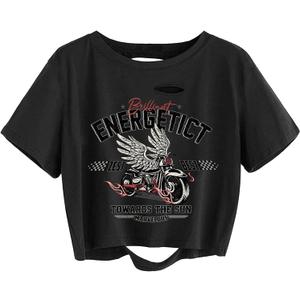 Avanova Women Los Angeles Graphic Distressed Oversized Crop Top Short Sleeve Ripped Boxy Loose Tee Shirt (Medium, Black Moto)