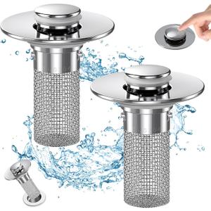 Bathroom Sink Drain Strainer, Pop Up Sink Drain Filter with Removable Stainless Steel Filter Basket Hair Catcher, Bathroom Sink Drain Stopper, for Us Bathroom Sink Stopper Replacement (2pcs)