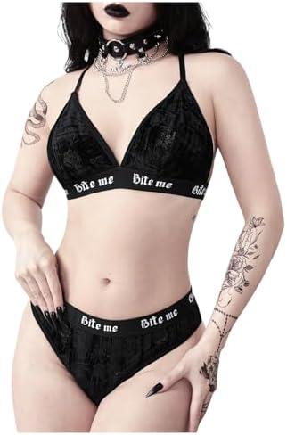 COZYEASE Women's 2 Piece Lingerie Sets Goth Velvet Floral Wireless Bra and Panty Underwear Set, L