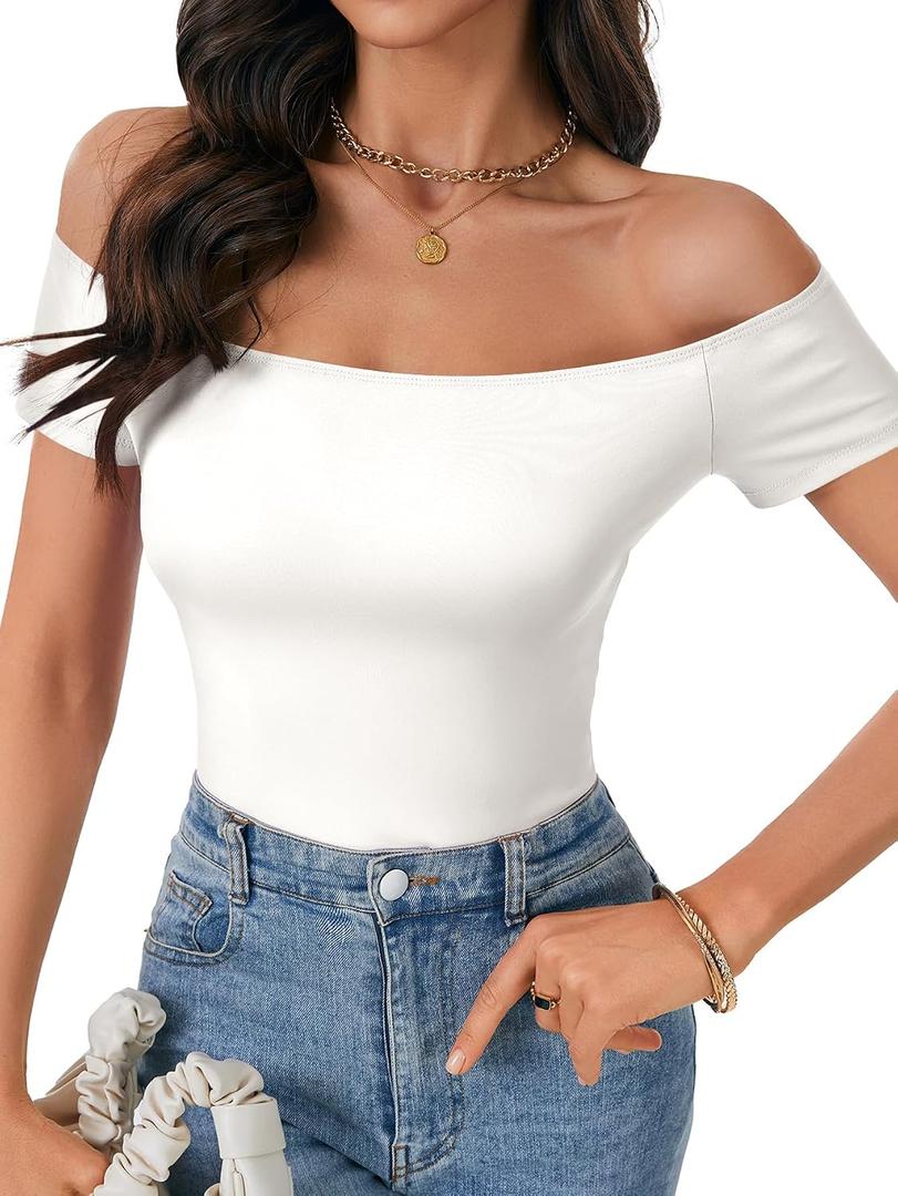 Rooscier Women's Sexy Off The Shoulder Short Sleeve Bodysuit Basic Double Lined Thong Body Suit Tops (White, M)