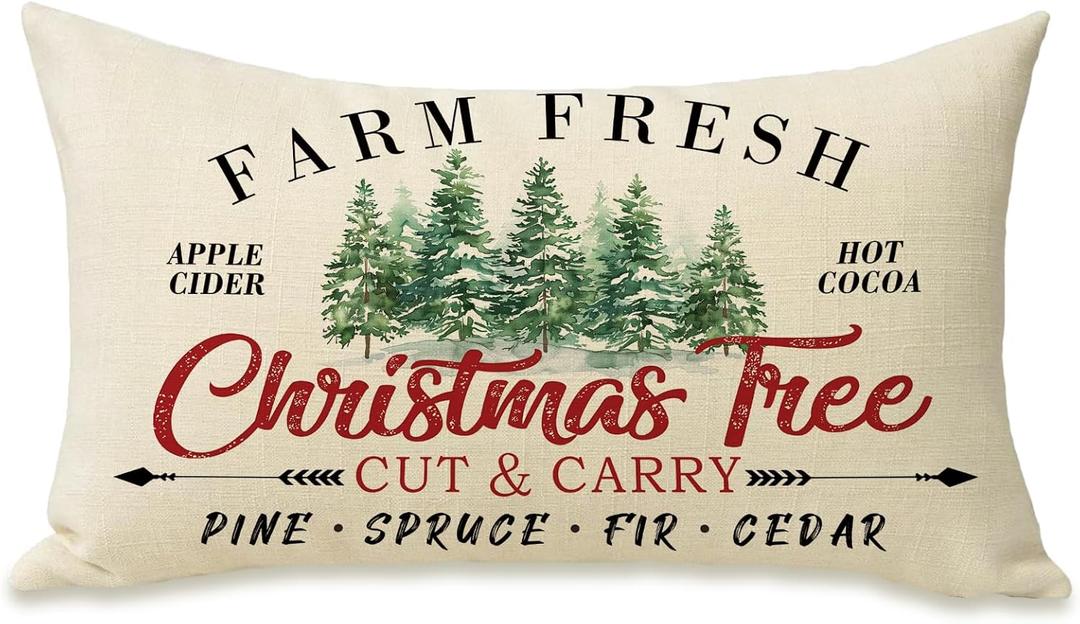 Fahrendom Christmas Tree Lumbar Decorative Rectangle Pillow Cover 12 x 20, Xmas Farm Fresh Porch Patio Outdoor Pillowcase, Farmhouse Winter Holiday Sofa Couch Cushion Case Home Decor
