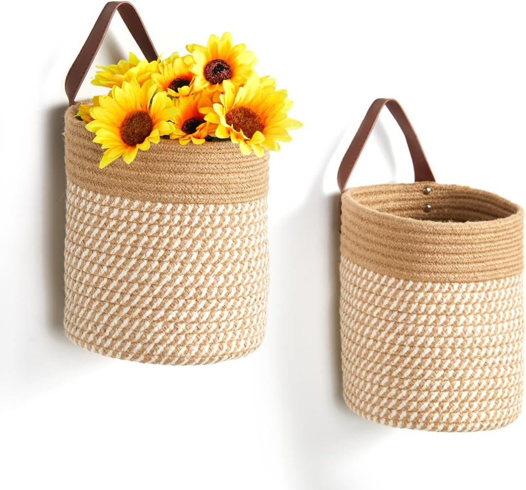 DULLEMELO Wall Hanging Basket 7 X 8 Inches Hanging Storage Baskets for Decor, Set of 2 Woven Storage Baskets,Wall Baskets for Storage Entryway Wall Decor,Jute&Khaki