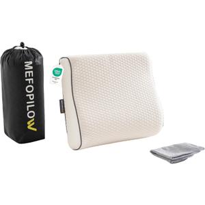 Memory Foam Travel Pillow with Washable Cover & Carry Bag Compact, Soft & Breathable Neck Pillow for Airplane, Camping & Car (White- with Extra Gray Cotton Cover, 13.8x11.8x3.9/3.1 inches)