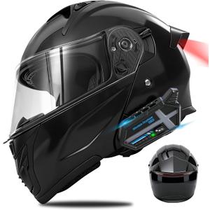 Bluetooth Modular Motorcycle Helmets with Tail Lights, DOT Approved Flip Up Full Face Motorcycle Dual Visor Helmet, with Dual Speakers and Microphone, for Adults Men and Women (Glossy Black, XL)