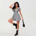 Women's Summer Y2k Plaid Mini Dress Short Sleeve Deep V Neck Smocked Waist Casual Romper Dress (S)