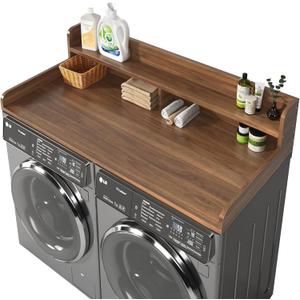2-Tier Washer and Dryer Countertop with 2.75" H Guard,54" W x 27.5" D Laundry Countertop Cover with Non-Slip Pad, Large Space Laundry Topper for Folding Clothes Over Washer and Dryer-Dark Walnut