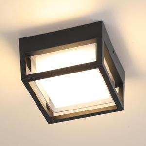 Outdoor Ceiling Porch Light LED Flush Mount for Wall or Ceiling, Square Exterior Wall Lamp for Patio Balcony Terrace, 3000K Warm Color, 125w Equivalent, Black, Wet Location, Small 6.3"x6.3"x4.3"