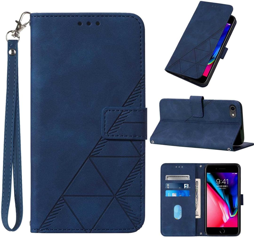 for iPhone SE 2022/SE 2020 Case Wallet,for iPhone 8/7/6/6S Case,[Kickstand][Wrist Strap][Card Holder Slots] PU Leather Protective Folio Flip Cover (Blue)